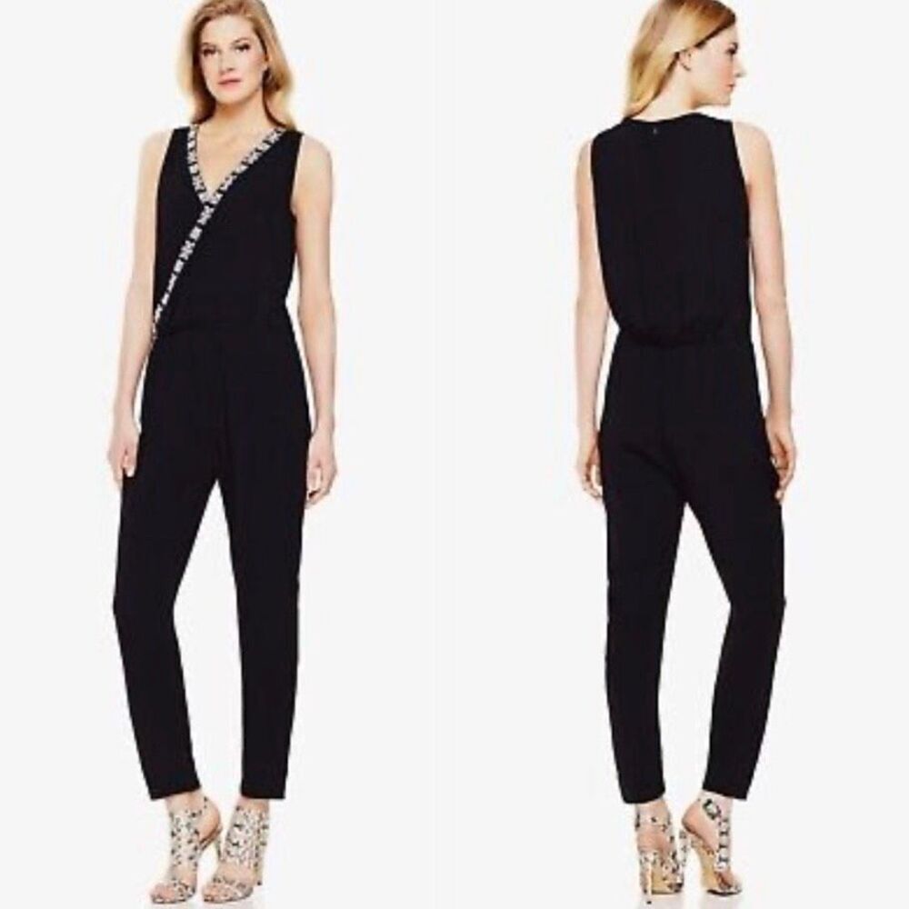 VINCE CAMUTO | Embroidered Jumpsuit Black Sleeveless Faux‎ Wrap | Size Medium